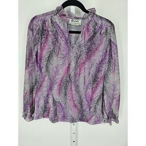 Teddie Women's Long Sleeve V neck Purple Feather Pattern Polyester Top Size 10